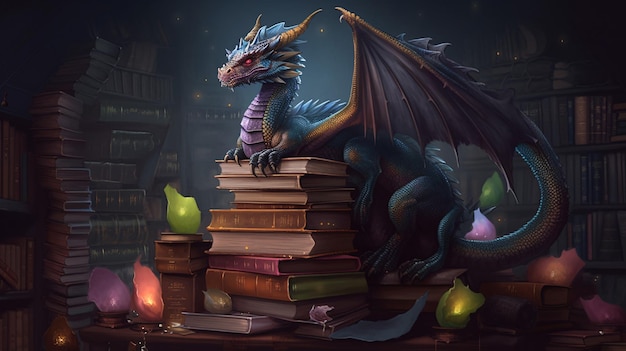 Anthro-draak zat op boekenstapel in alchemistische bibliotheek gedetailleerde fantasieillustratie voor RPG-boek of fanart-commissie