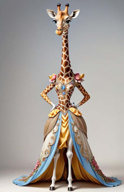 Anthropomorfe karikatuurgiraffe met een assepoester-adres kleding