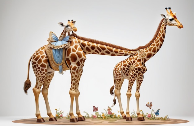 Anthropomorfe karikatuurgiraffe met een assepoester-adres kleding