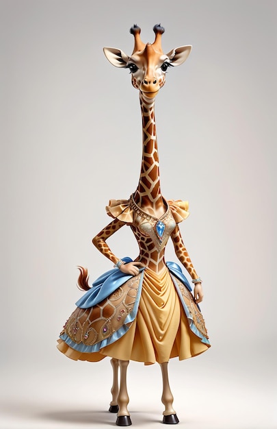 Anthropomorfe karikatuurgiraffe met een assepoester-adres kleding