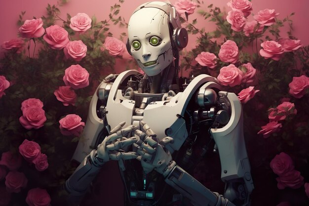 Anthropomorfe robot met bloemen