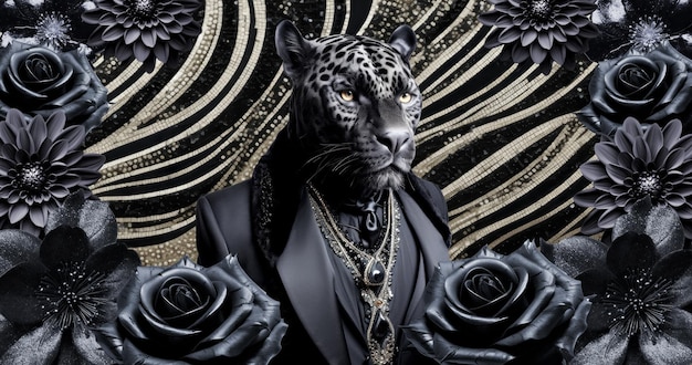 Foto anthropomorfe stijlvolle panter in zwarte bloemen ruimte mode collage