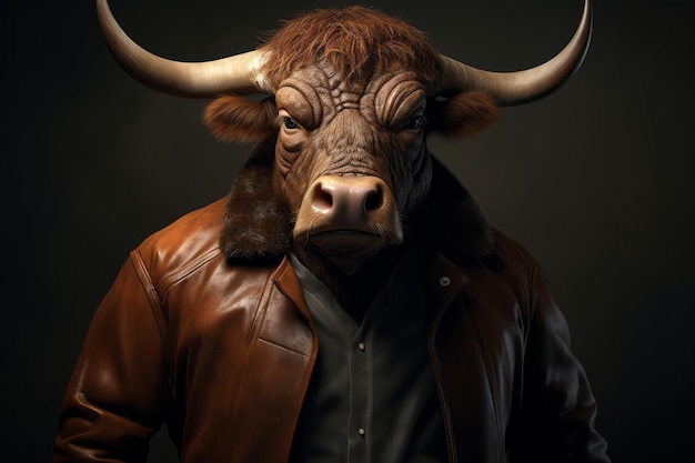 Foto anthropomorfe stijlvolle stier die een lederen jas draagt mooie illustratie foto generatieve ai