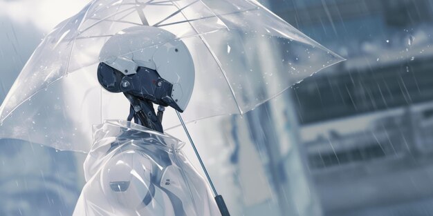 Anthropomorfe witte robot in een doorzichtige regenjas met paraplu tijdens regen op de achtergrond van de stad