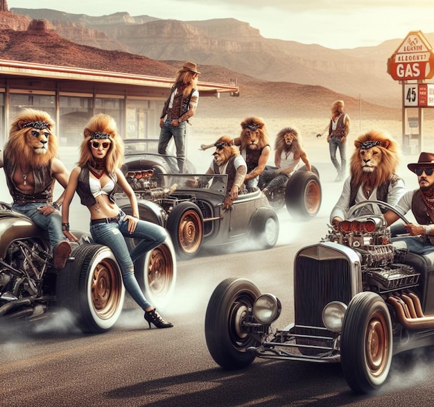 Photo anthropomorhic lion characters gang riding custom bike hotrod on the road wearing leather blue jeans