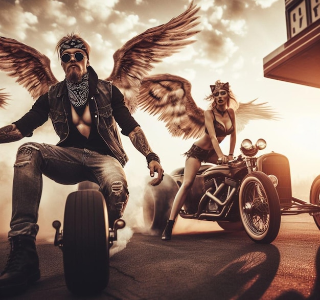 Photo anthropomorhic lion characters gang riding custom bike hotrod on the road wearing leather blue jeans