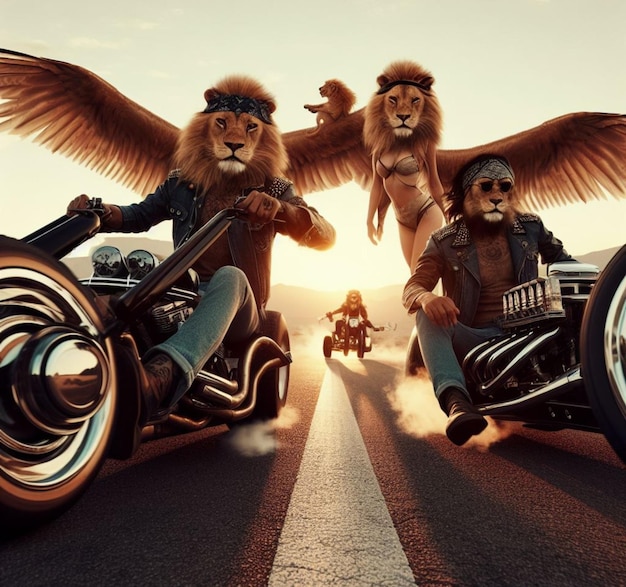 антропоморфные львиные персонажи банда ездит на велосипеде на дороге в кожаных синих джинсах