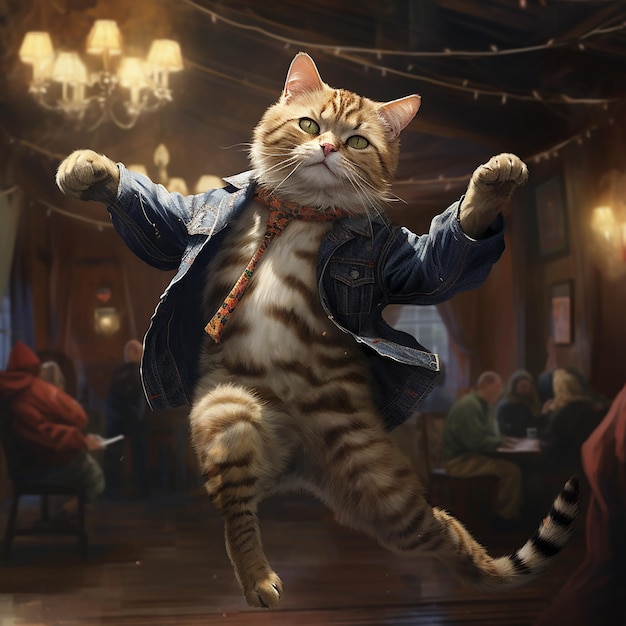 Photo anthropomorphic animal cat dancing on dance floor in bar