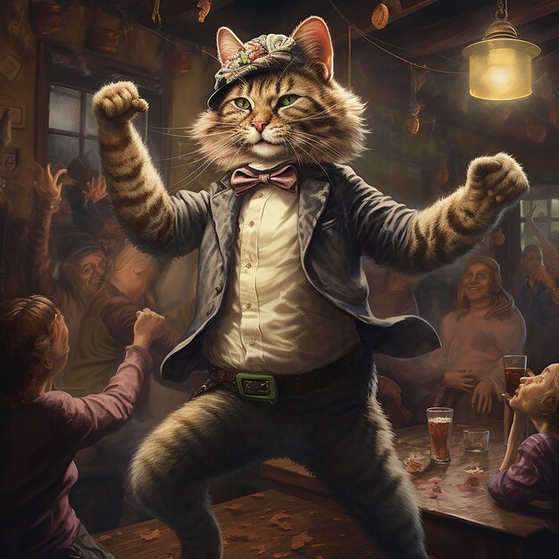 Foto gatto animale antropomorfo che balla sulla pista da ballo in un bar