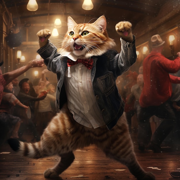 Photo anthropomorphic animal cat dancing on dance floor in bar