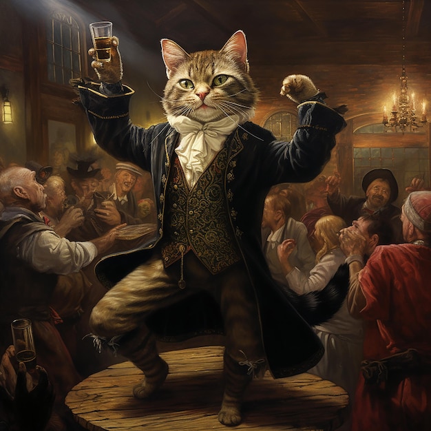 Photo anthropomorphic animal cat dancing on dance floor in bar