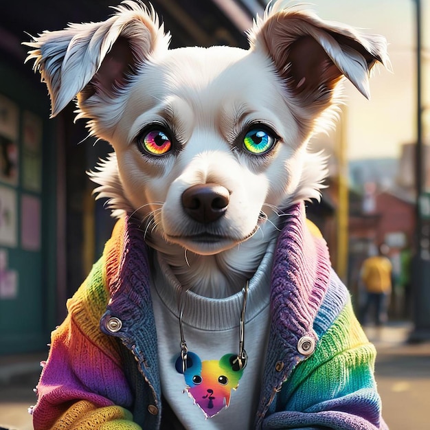 an anthropomorphic anime dog with rainbow eyes wearing a baggy sweater and ripped jeans