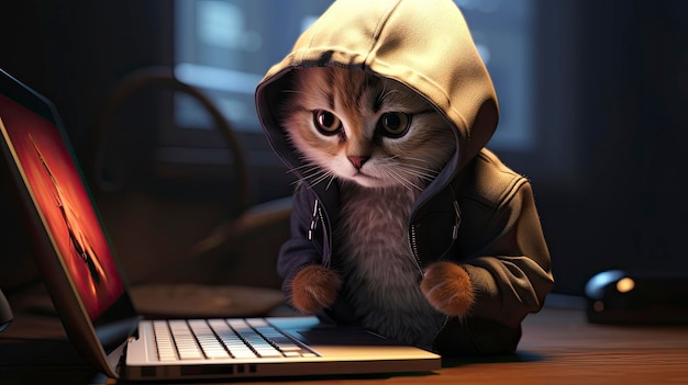 Anthropomorphic baby cat hacker with hoodie and dim light at computer desk