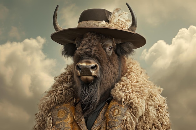 Photo anthropomorphic bison dressed in aristocrat costume generate ai