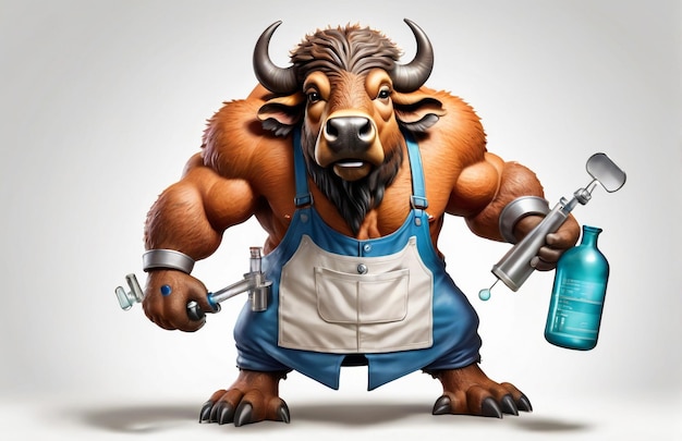 anthropomorphic caricature buffalo wearing a chemistry clothing with chemical tools