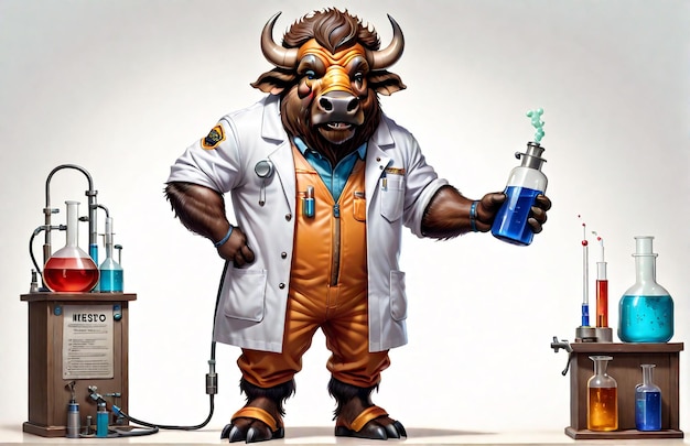 anthropomorphic caricature buffalo wearing a chemistry clothing with chemical tools