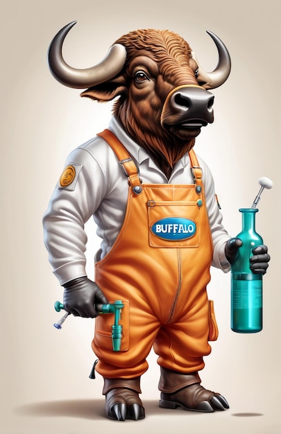 anthropomorphic caricature buffalo wearing a chemistry clothing with chemical tools