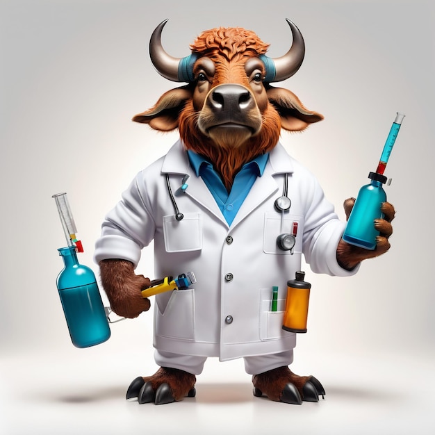 антропоморфный карикатурный буйвол в химической одежде с химическими инструментами
