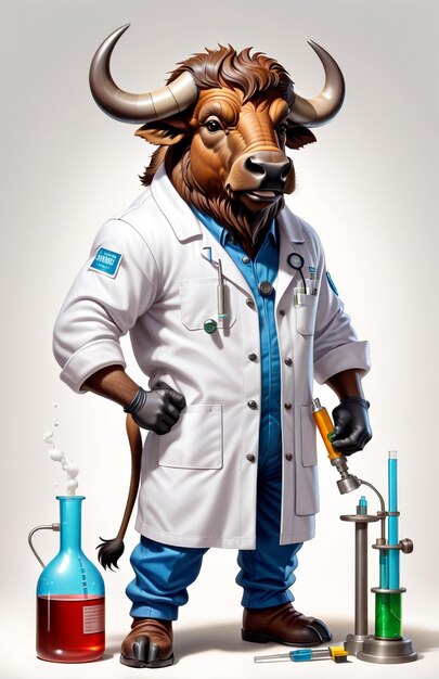 anthropomorphic caricature buffalo wearing a chemistry clothing with chemical tools