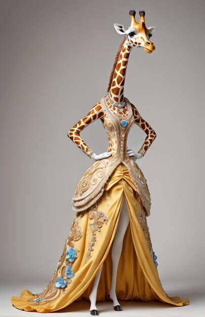 Photo anthropomorphic caricature giraffe wearing a cinderelladress clothing