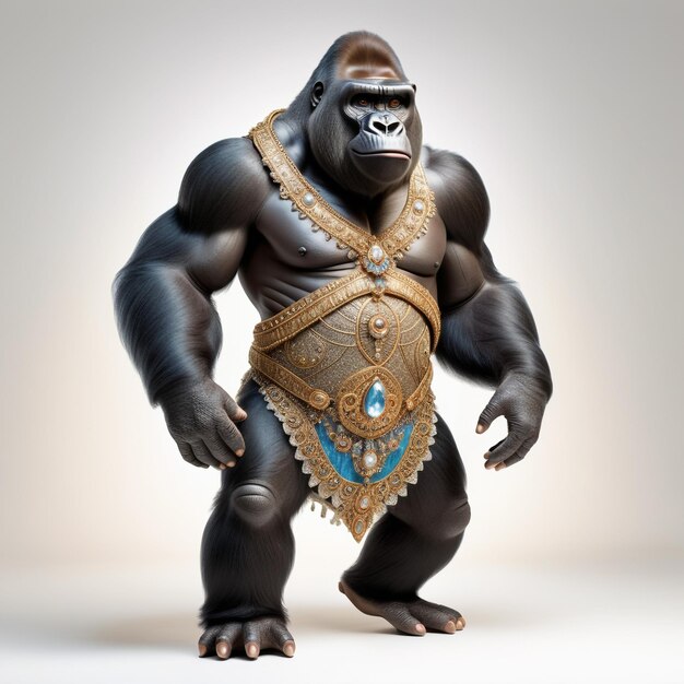 Anthropomorphic caricature gorilla Wearing a cinderelladress clothing standing full body view is