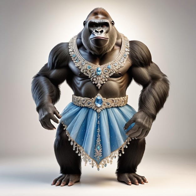 Anthropomorphic caricature gorilla Wearing a cinderelladress clothing standing full body view is