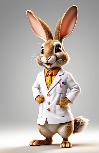Foto caricatura antropomorfa coniglio che indossa un abbigliamento chimico con strumenti chimici