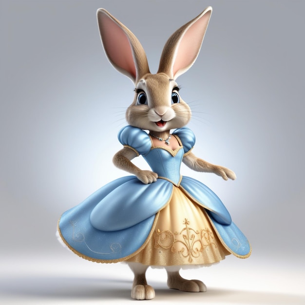 인형화 된 만화 토끼 가 신데 어드레스 의 옷 을 입고 전체 몸 을 보면서 서 있다