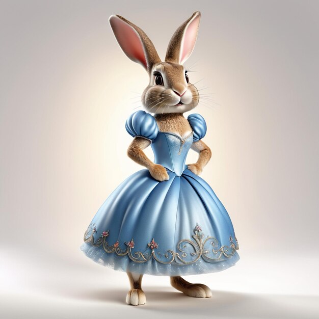 Anthropomorphic caricature rabbit Wearing a cinderelladress clothing standing full body view