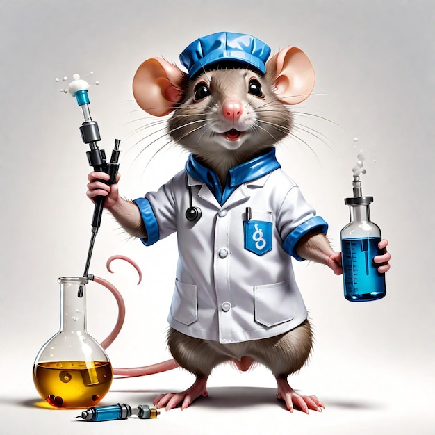 Photo anthropomorphic caricature rat wearing a chemistry clothing with chemical tools