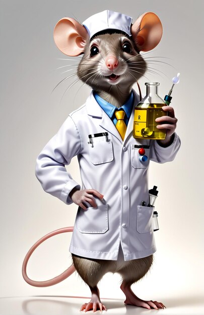 Photo anthropomorphic caricature rat wearing a chemistry clothing with chemical tools