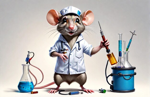 Photo anthropomorphic caricature rat wearing a chemistry clothing with chemical tools