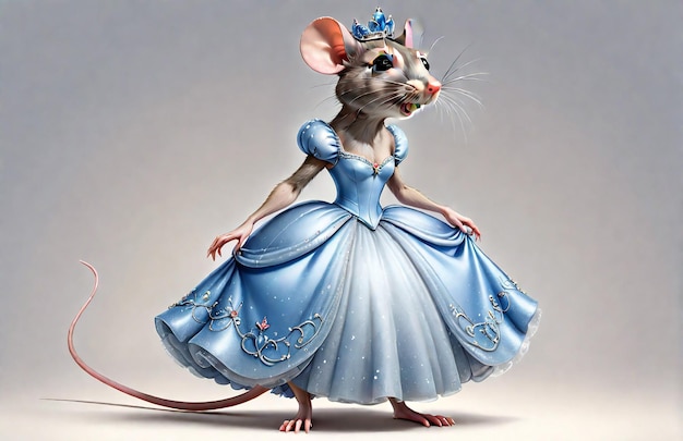 Photo anthropomorphic caricature rat wearing a cinderelladress clothing