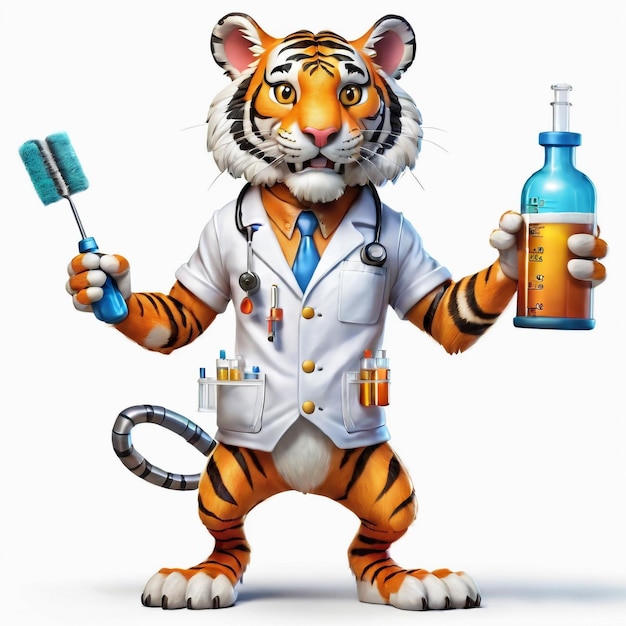 Foto caricatura antropomorfa di una tigre che indossa un abito chimico con strumenti chimici