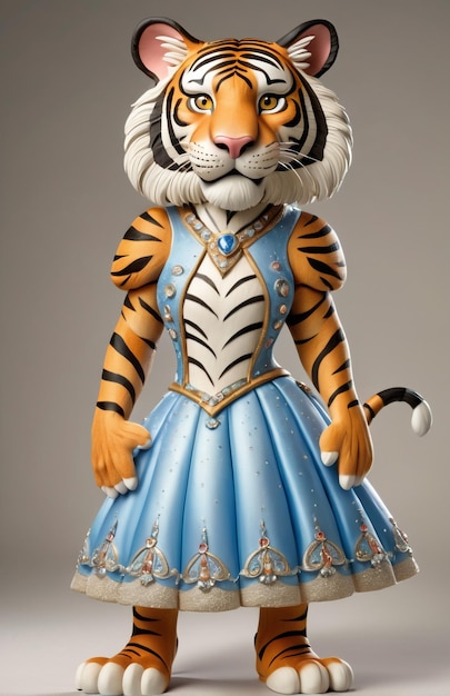 Anthropomorphic caricature tiger Wearing a cinderelladress clothing standing full body view iso