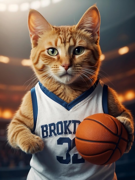 Photo anthropomorphic cat basketball player holding a ball in uniform generative ai