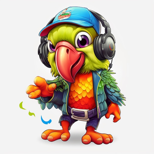 Anthropomorphic cute and adorable charming smiling dancing colorful pirate parrot