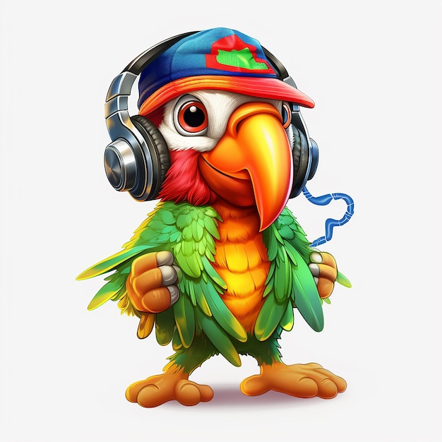 Anthropomorphic cute and adorable charming smiling dancing colorful pirate parrot