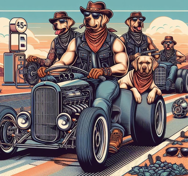 anthropomorphic dog characters gang riding custom bike hotrod road wear leather blue jeans attitude