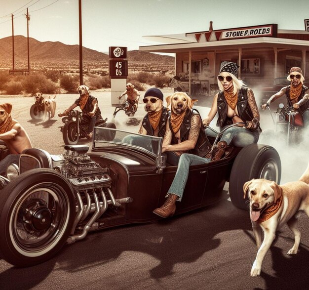 Photo anthropomorphic dog characters gang riding custom bike hotrod road wear leather blue jeans attitude