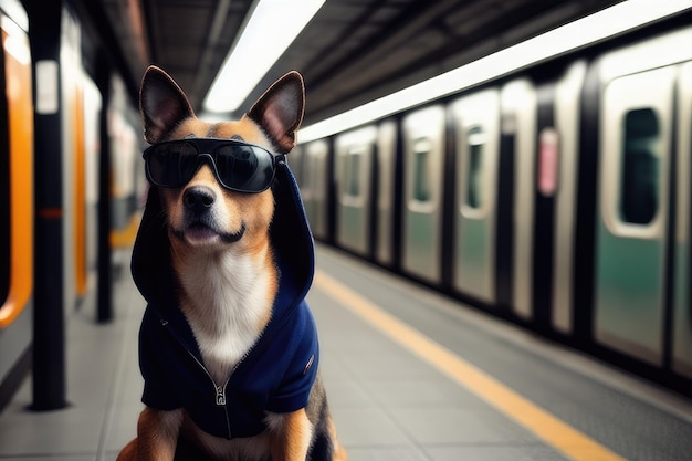 Foto un cane antropomorfo che torna a casa in metropolitana.