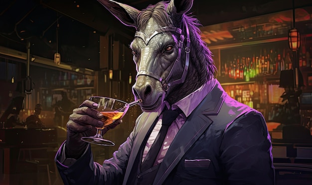 The anthropomorphic donkey posed with confidence whiskey in hand wearing a stylish jacket designe