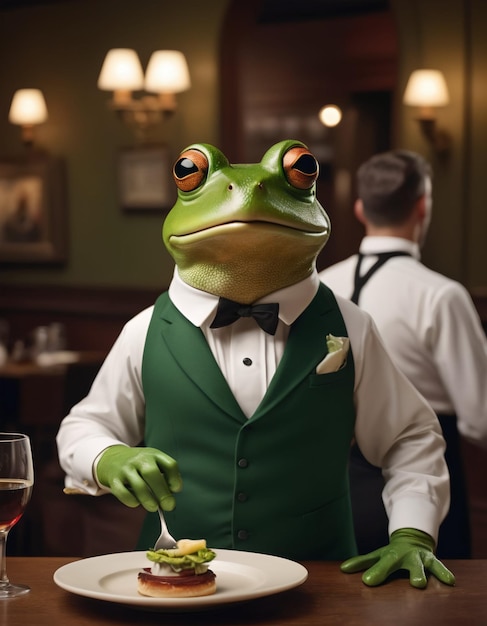 an anthropomorphic frog waiter in a green vest serves food to restaurant visitors