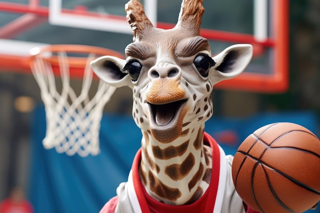 Photo an anthropomorphic giraffe playing basketball