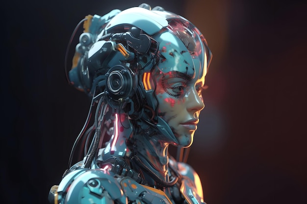 Anthropomorphic humanoid female robot head portrait on dark background in blue tones neural network generated art