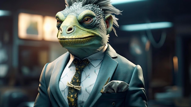 Anthropomorphic iguana in human clothing humanized animal concept enhanced