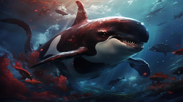 Anthropomorphic killer whale theologian digital art illustration