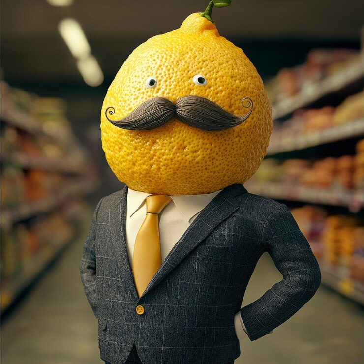 Photo anthropomorphic lemon in a business suit add a swhirly mustache walking around the supermarket