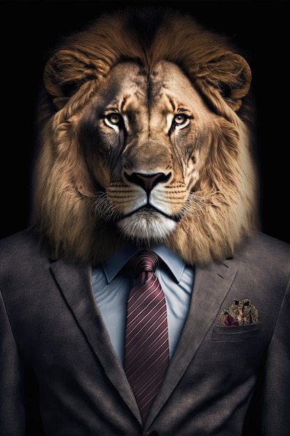 Anthropomorphic lion head portrait in elegant business suit Generative Ai