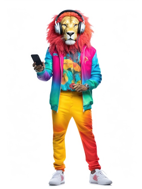 Anthropomorphic lion with headset walking in white background